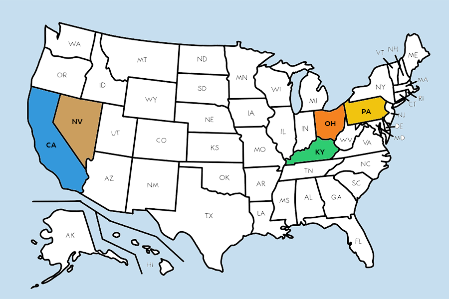 Map of US with 5 JIT States CA NV OH KY PA